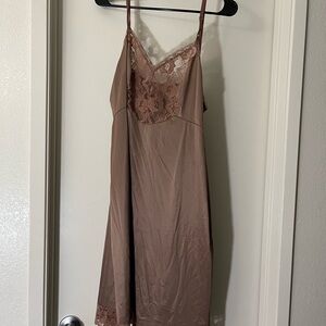 Lace Trim Satin Slip Dress - Brown